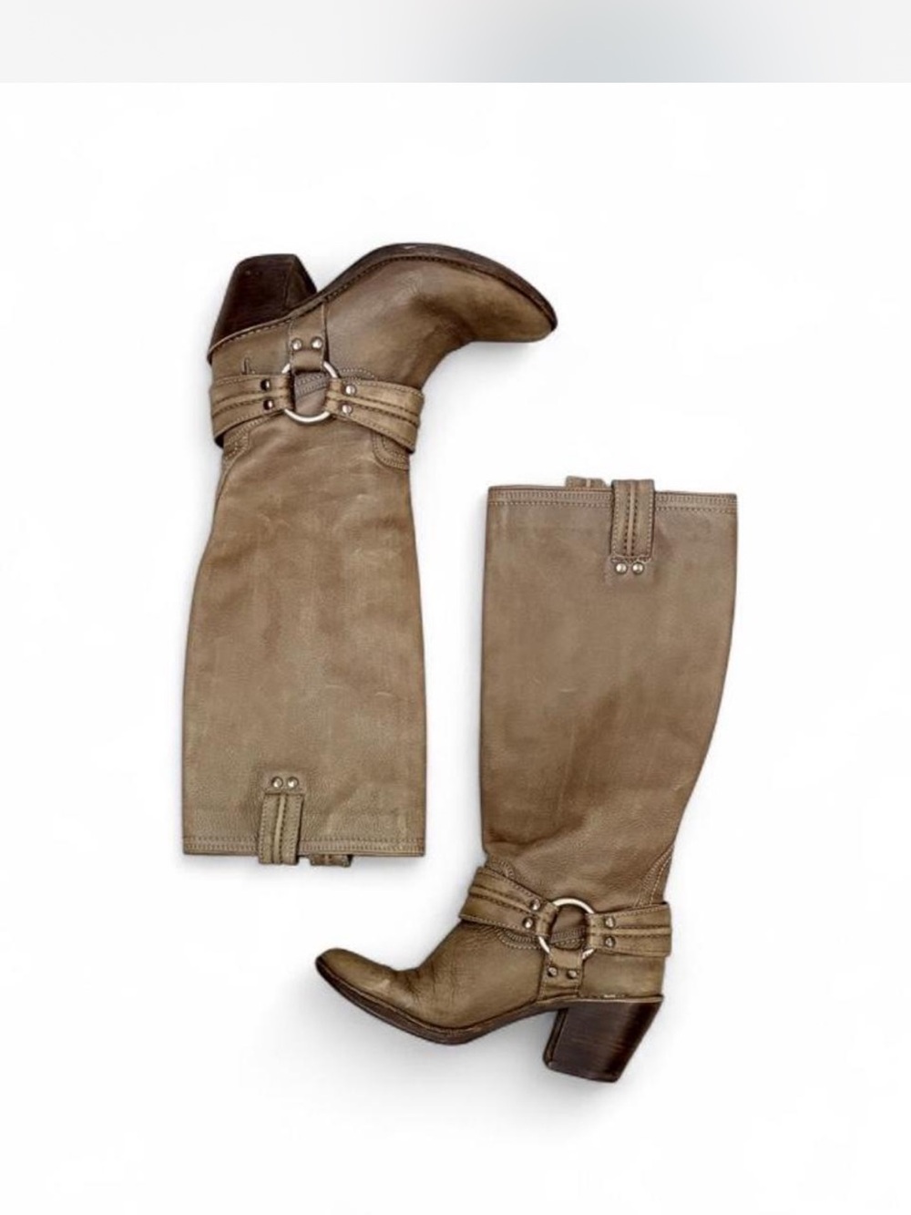 Frye Taupe Leather Mid-Calf Riding Boots with Buckle Harness